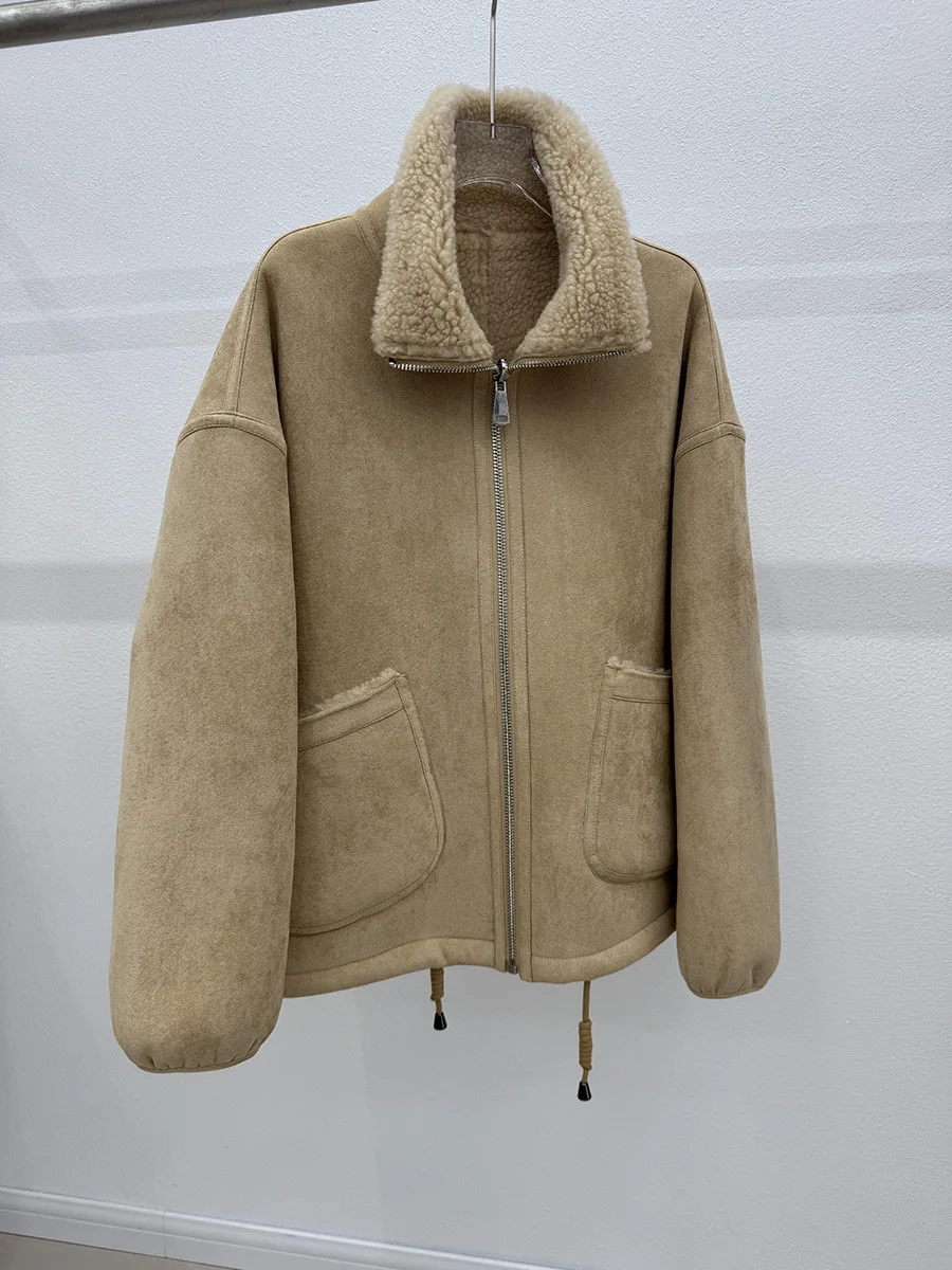 เสื้อโค้ทขนสัตว์เทียมแบบกลับด้านได้ แฟชั่นฤดูหนาว ผ้าวูลและหนังกลับ