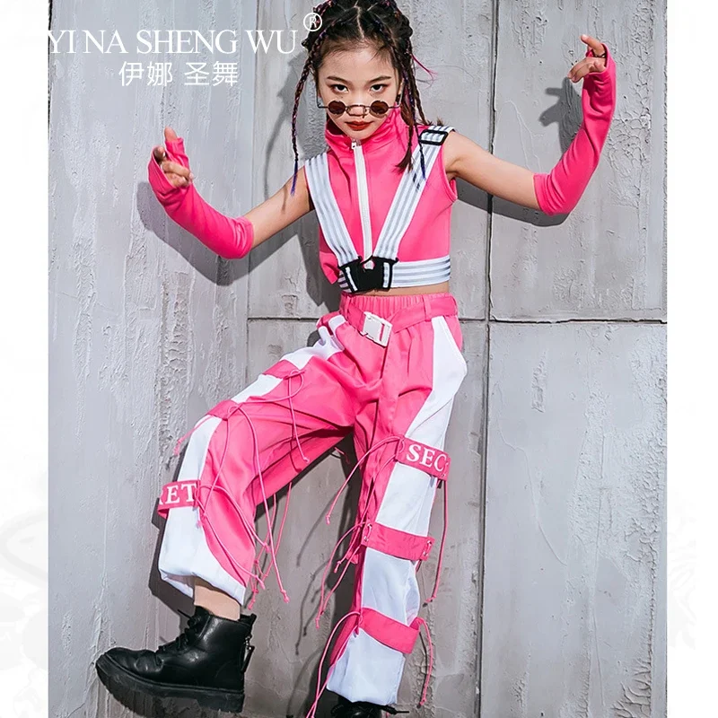 

Новый комплект для джазовых танцев для девочек 2024 года: костюм для выступлений в стиле K-pop, хип-хоп, уличный танец, бело-розовая одежда для детей