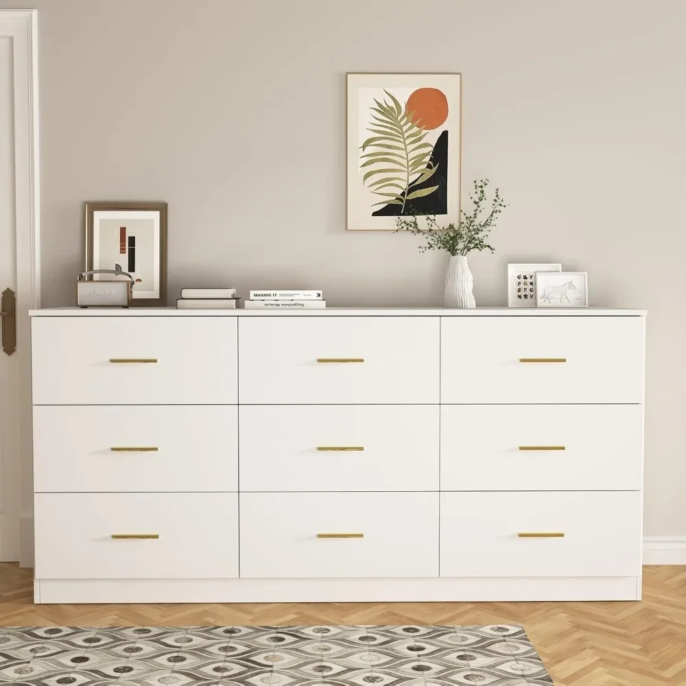 

White Dresser for Bedroom,Modern Large 9 Drawer Dresser with Gold Handle,Wood Storage Dresser Chest of Drawer, Bedroom Furniture