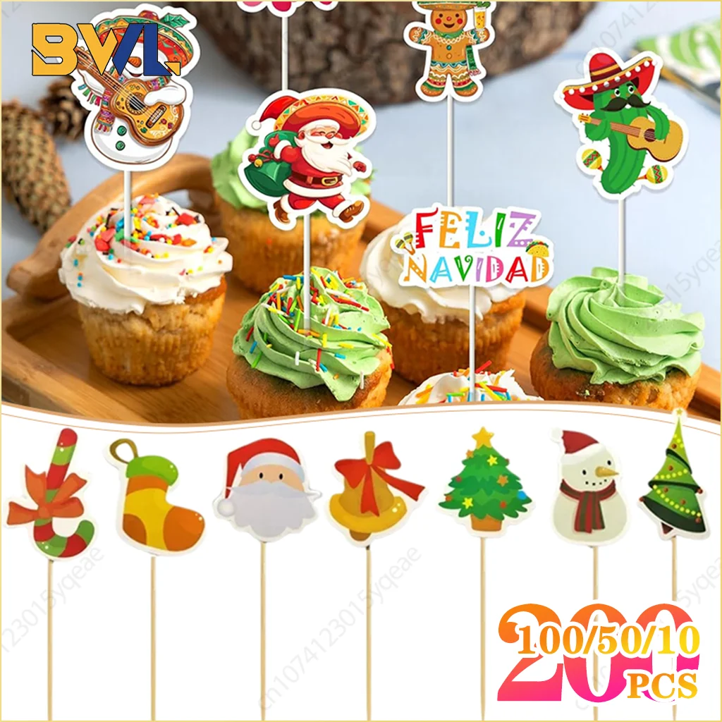 10-200PC Einweg Obst Sticks Party Kuchen Topper Weihnachten Baum Santa Schneemann Cupcake Picks Urlaub Tisch Dekoration Lieferungen