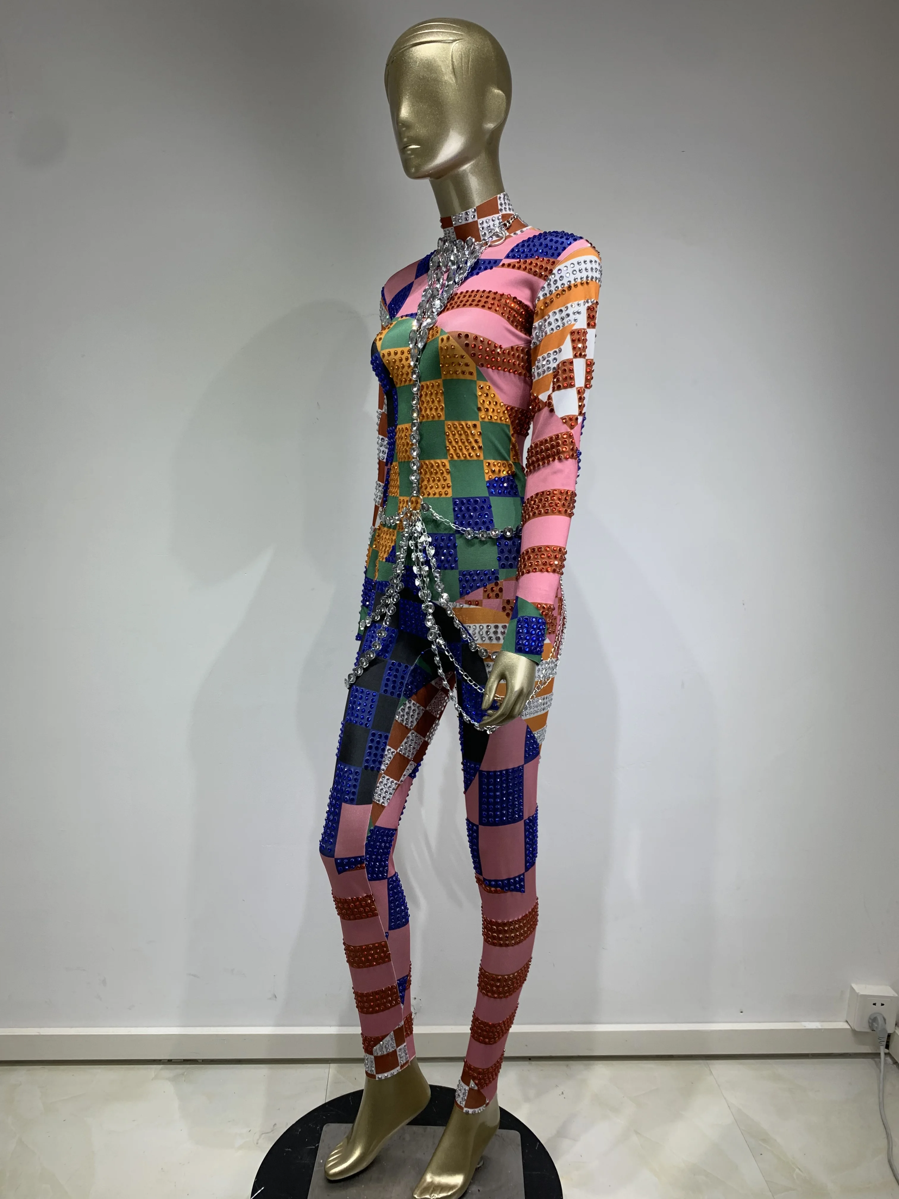 女性カラフルなセクシーなボディコンジャンプスーツ祝う誕生日イブニングパーティー衣装ナイトクラブ歌手キラキララインストーンステージ衣装