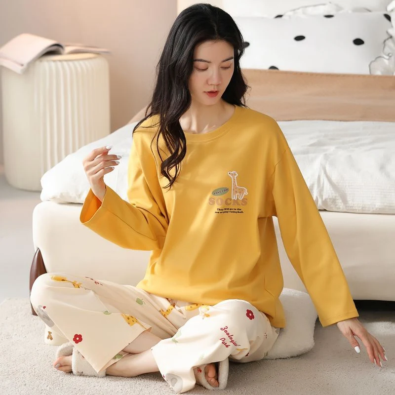 

Осень 2023, пижамные комплекты из 100% хлопка с длинными рукавами и принтом для женщин, корейская свободная одежда для сна, домашняя одежда, Pijama Mujer, домашняя одежда