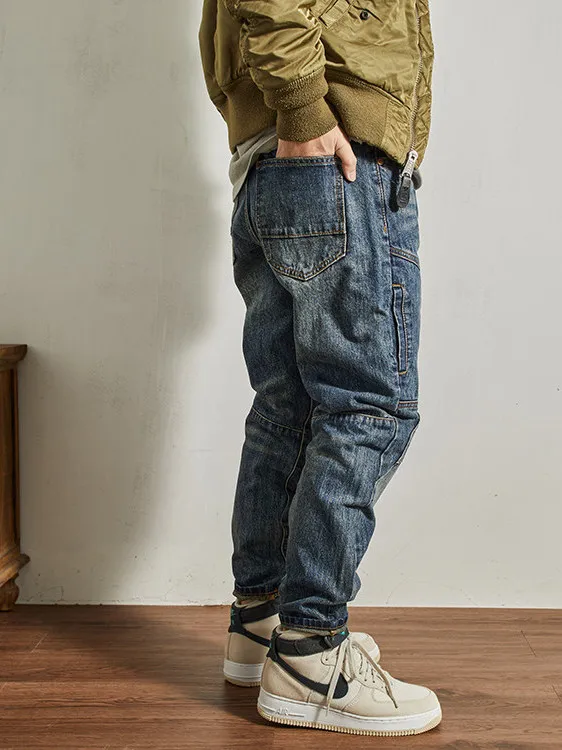 

Мужские джинсы в стиле ретро, американские, из денима, для мотоциклистов, с нашивками, рабочие, длинные брюки, смесь хлопка, средняя талия, на молнии, повседневные