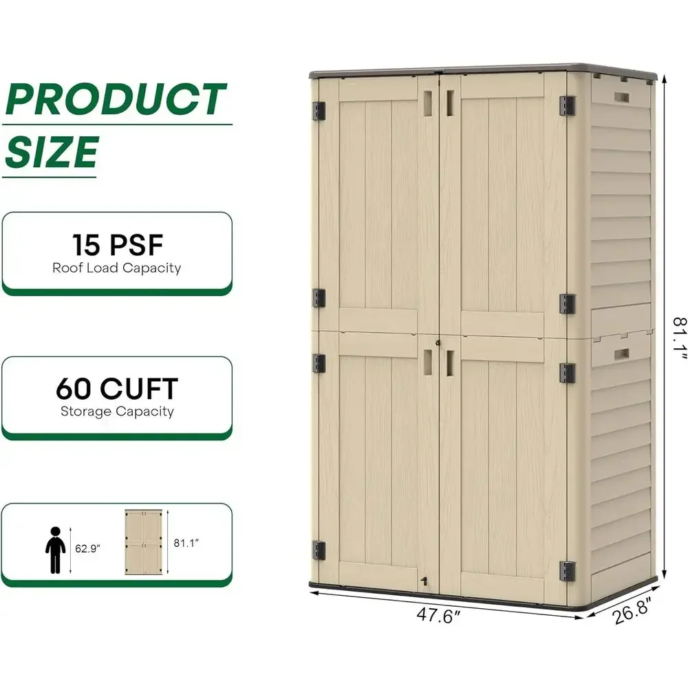 Outdoor 60 Cu.ft Resin Storage Cabinet Waterproof with Lockable Door, Suitable for Backyard, Patio, Garage, Garden, Porch (Khaki