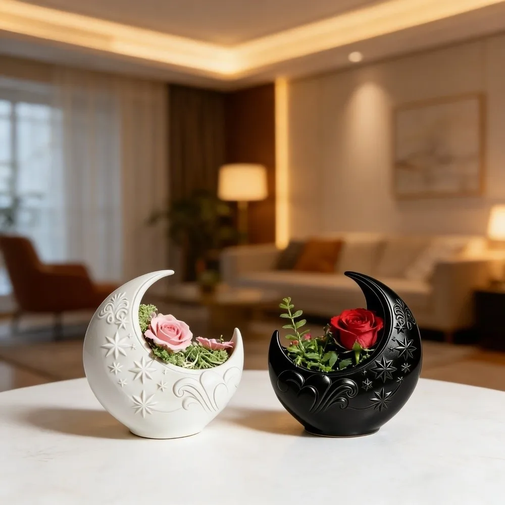 Embossed Star Pattern Crescent Moon Flower Pot Plastic Decorative Moon Shaped Storage Box 3D Printing Plants Flower Pot
