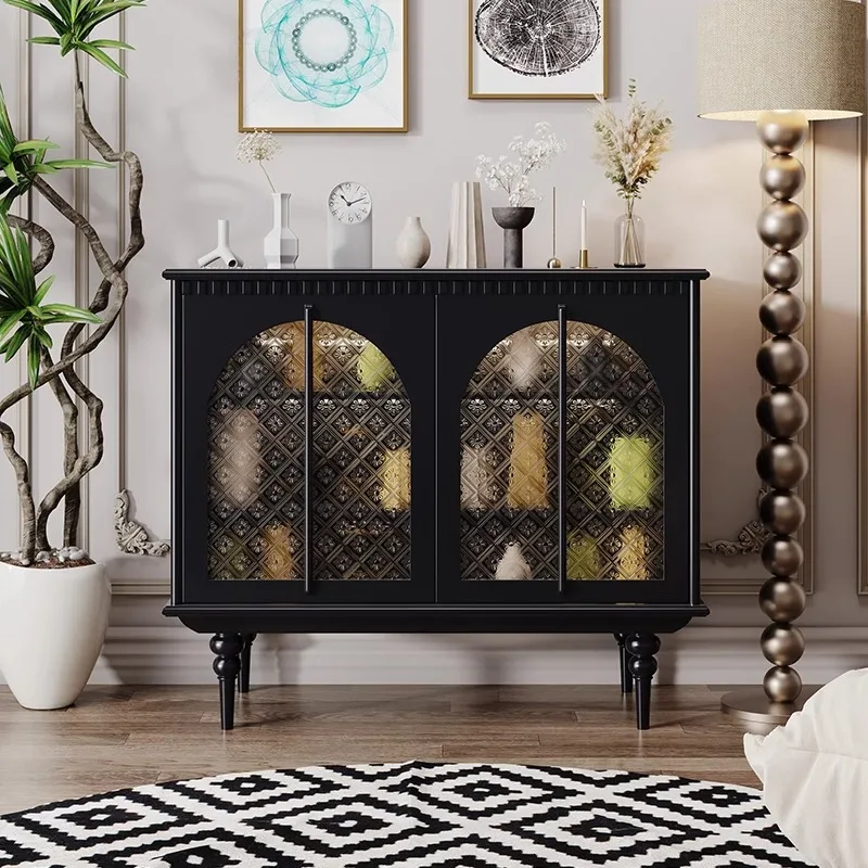 Cream Style Sideboard Entryway Cabinet with Sensor Light Glass Display Cabinet Luxury Solid Wood