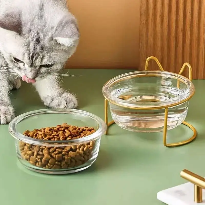 L. Glass Cat Dog Bowl Puppy Food Bowl With Iron Frame Gold Stand Raised Water Feeder Bowl Pet Supplies Accessories