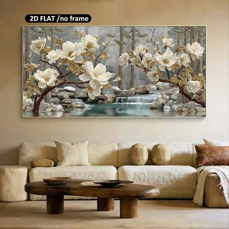 Toile moderne plate 2D sans cadre, élégante, avec des fleurs de magnolia blanches et des feuilles dorées dans un paysage de forêt paisible. Affiche Is P