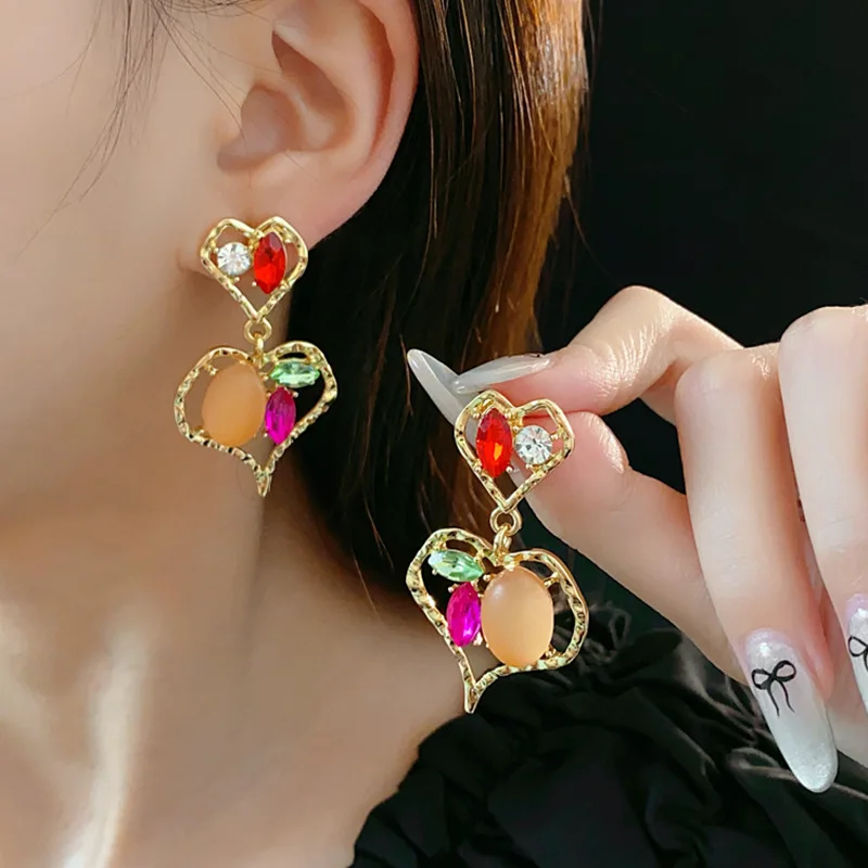 Heart Inlaid Rhinestone Earrings for Women Korean Girl Heart Drop High-grade Temperament Female Accessories Wedding Gifts