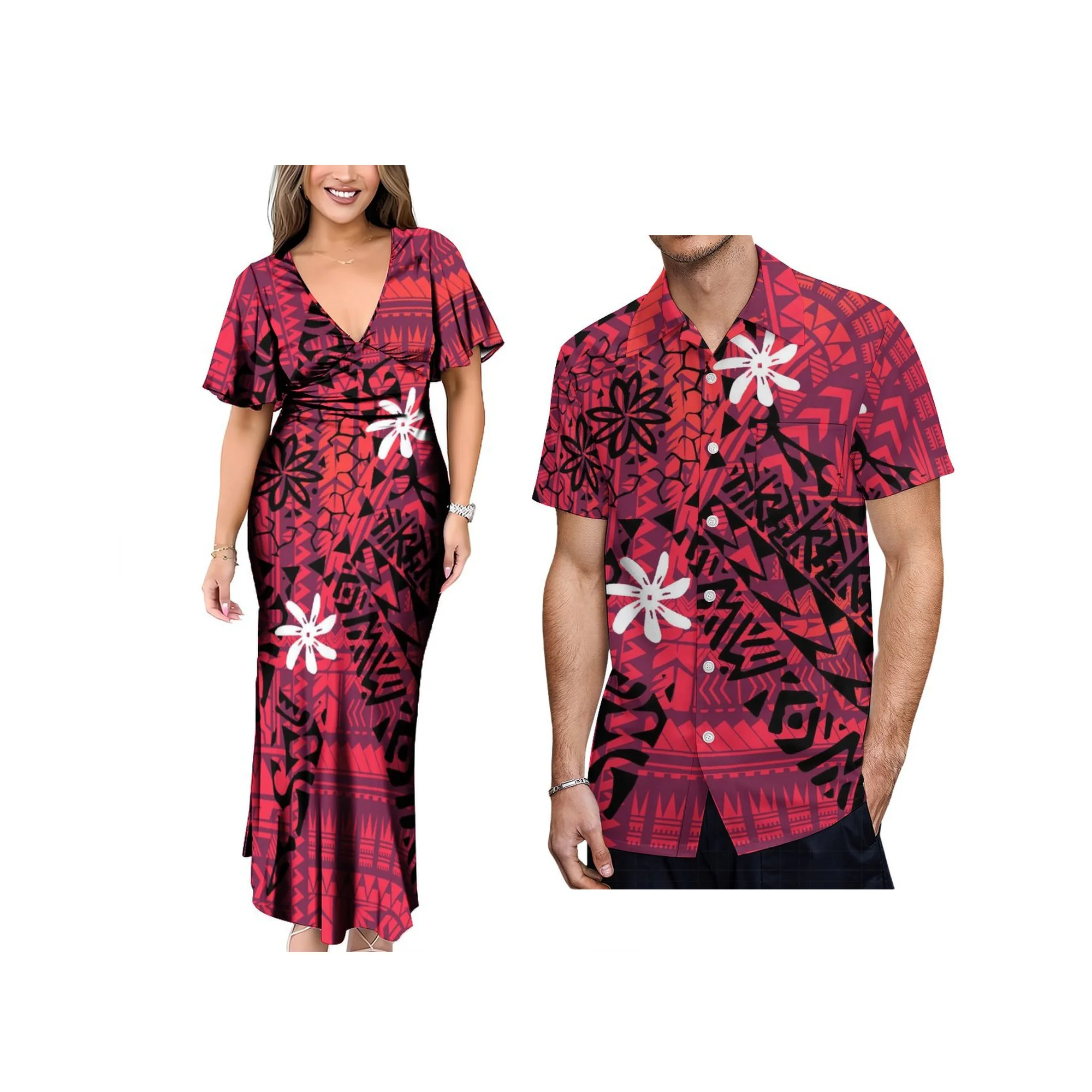 2025年ニューデザインディープVネックレディースバタフライスリーブドレスカスタムトンガプリント大きいサイズアロハメンズシャツカップル服2点セット