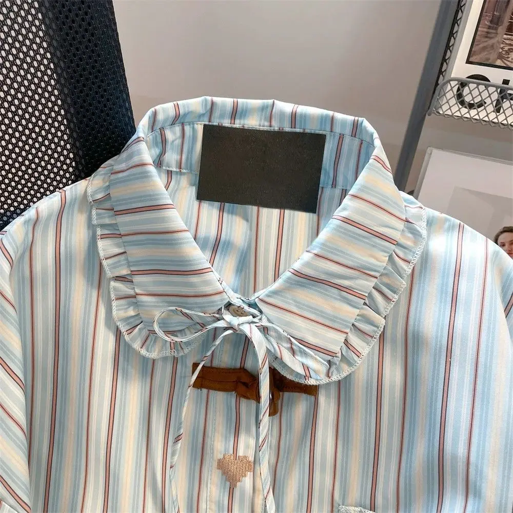 Female Peter Pan Collar Buttons Striped Shirts Autumn Trend Pocket Ruffles Turn-down Collar Long Sleeve Shirts Casual Top Tee