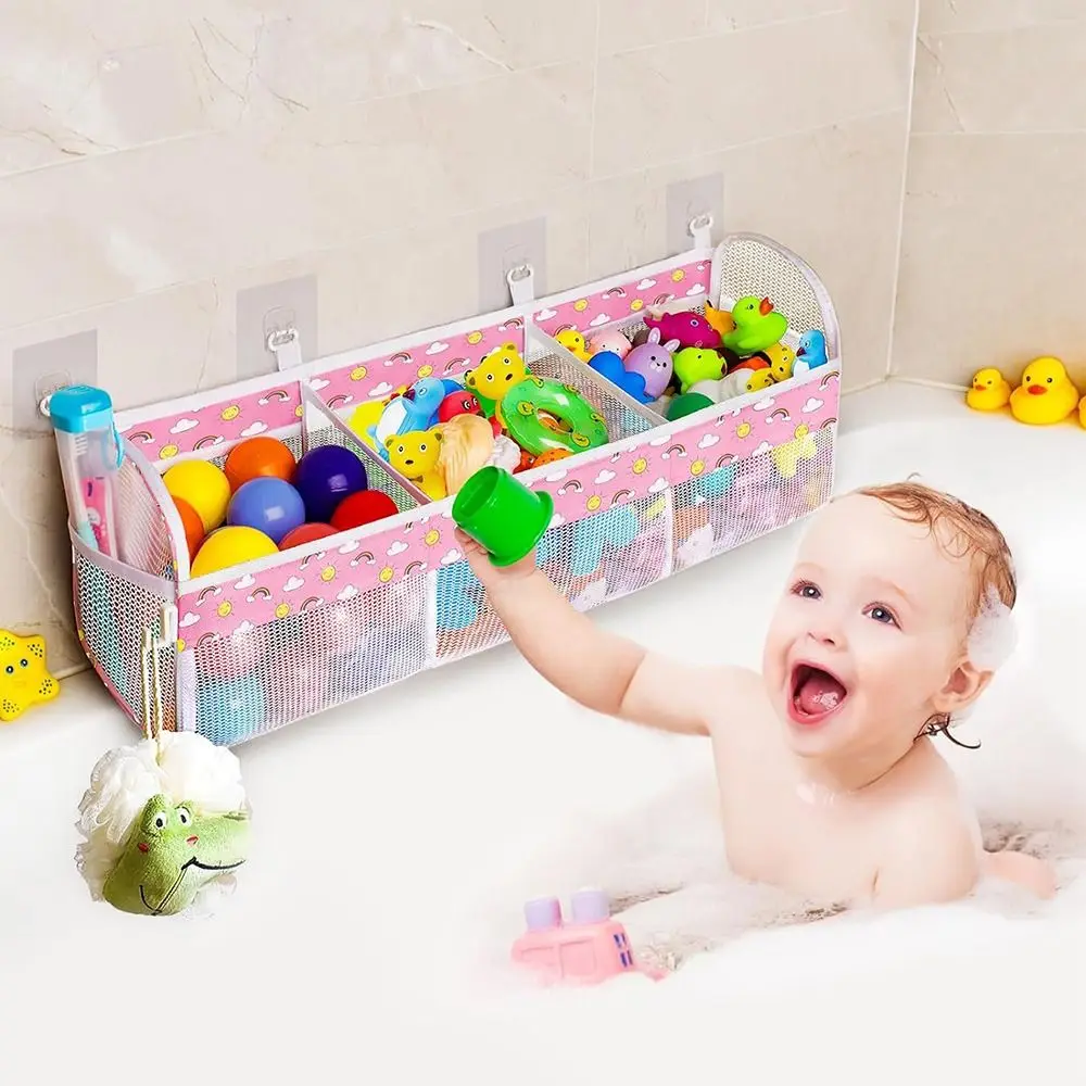 

Сумка для хранения игрушек для ванной комнаты с большими отверстиями, 3-секционный дышащий органайзер для игрушек для ванной, быстросохнущий сетчатый игрушечный гамак большой емкости