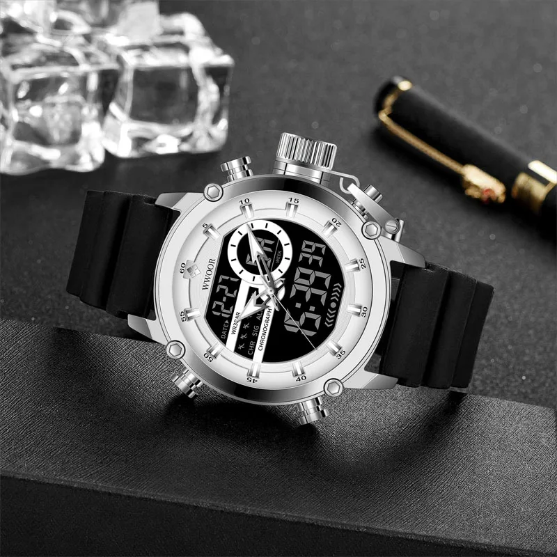 WWOOR New Men Watch Sports Digital Men Quartz Wristwatch Waterproof Date Dual Display Watch Male Clock Fashion Relogio Masculino