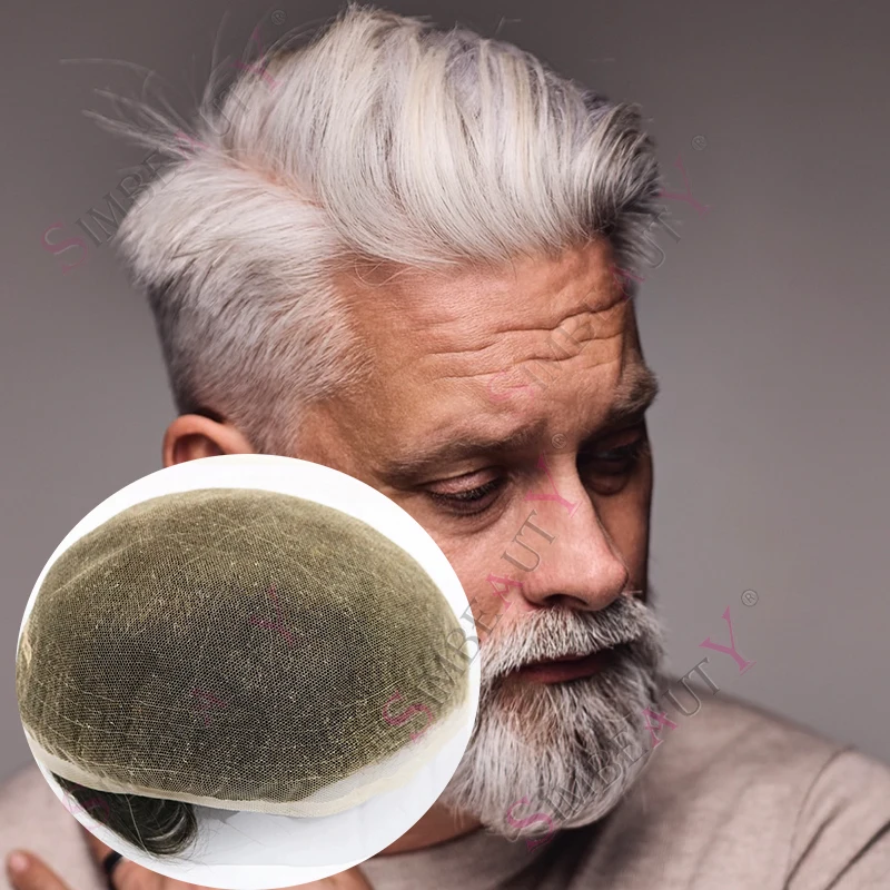 

Необнаружимые швейцарские кружевные старые мужские серые человеческие волосы, дышащие отбеливающие узлы 60 # R Блондинка мужской капиллярный протез