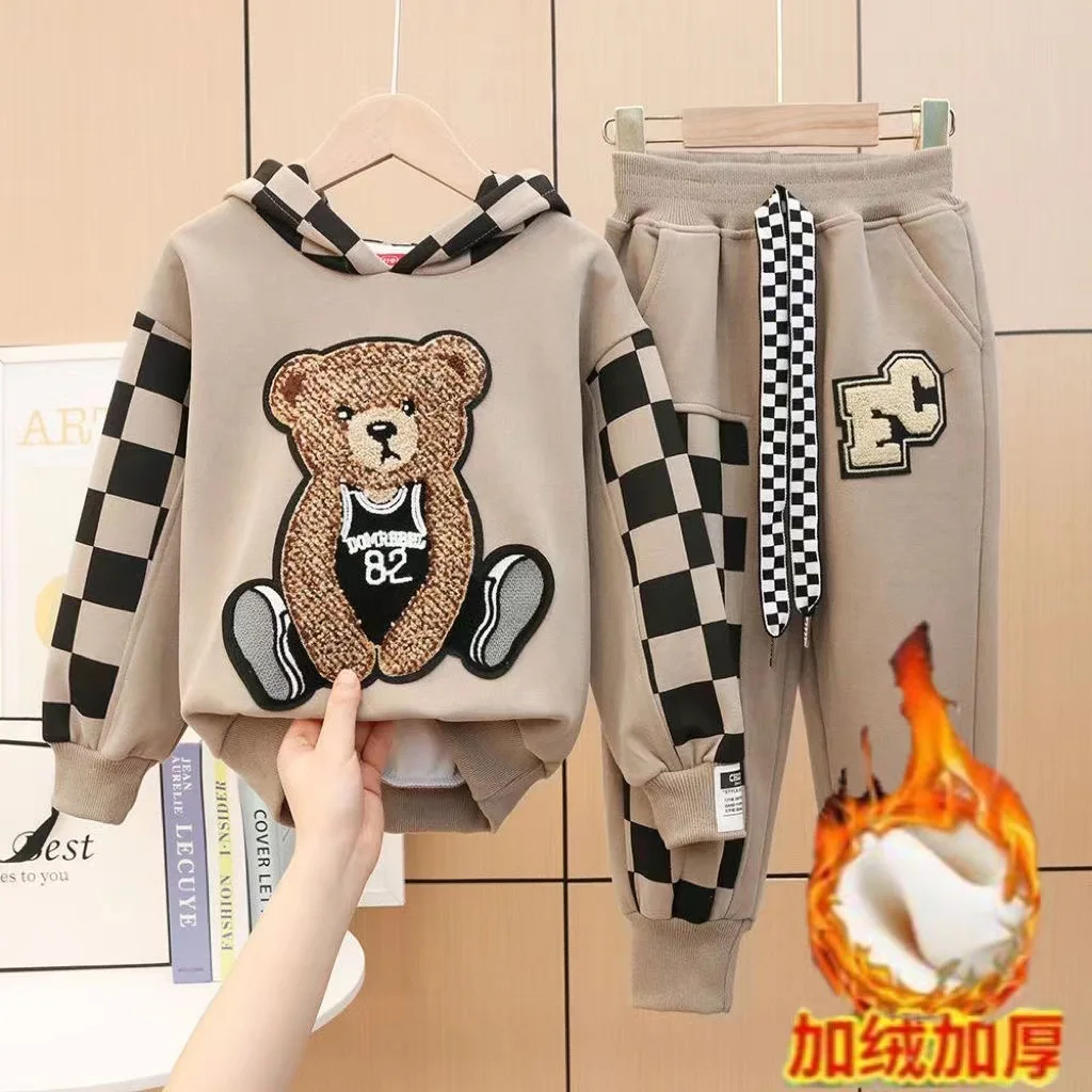 

2023 autumn winter Teenager girls tracksuit Clothes Child Set bear checked sweatshirt hooded + sport Pant Suit patchwork 12 YEAR