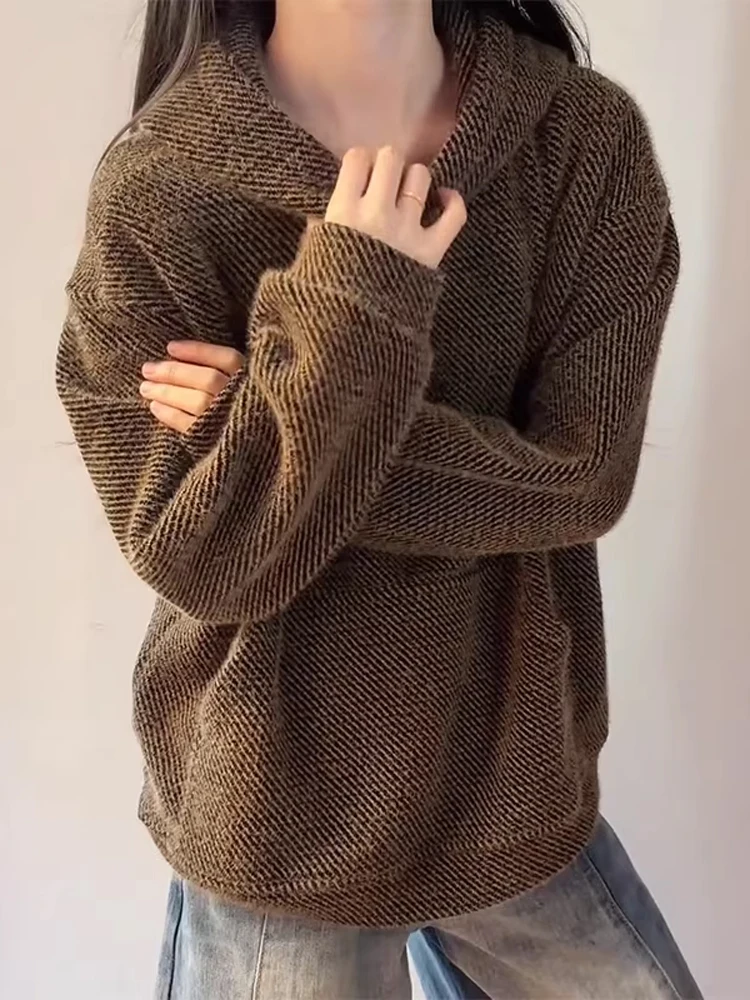 

Caramel Furry Knitted Hoodie Men's Autumn Winter Thi Hard Straight Hat Overhead Jaet Stand Fit Casual Sle Long Sve