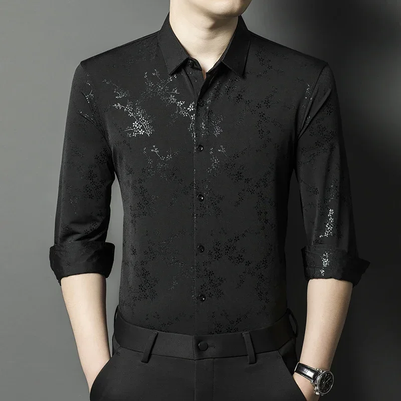 Anti-Wrinkle Black Lapel Long Sleeve Shirts For Men Print Casual Spring Quality Soft Comfortable Polyester&Spandex Chemise Homme