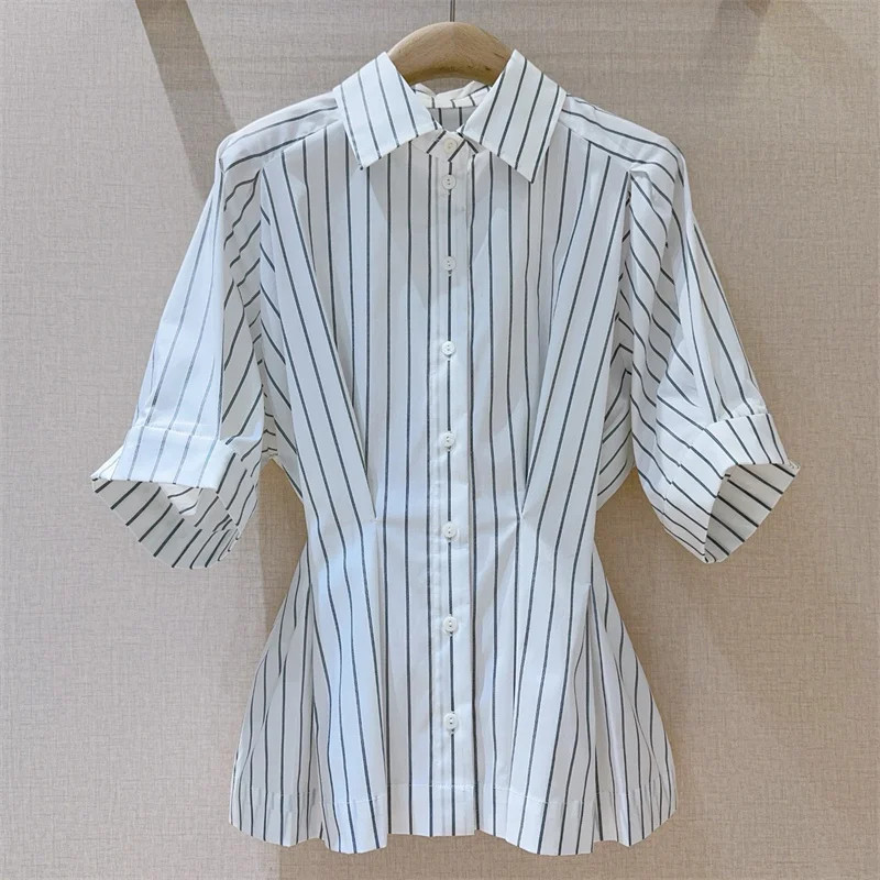 

Women's shirt New single breasted slim fit collar short sleeved top for summer 2025 cotton blend stripes Women's blouse y2k top