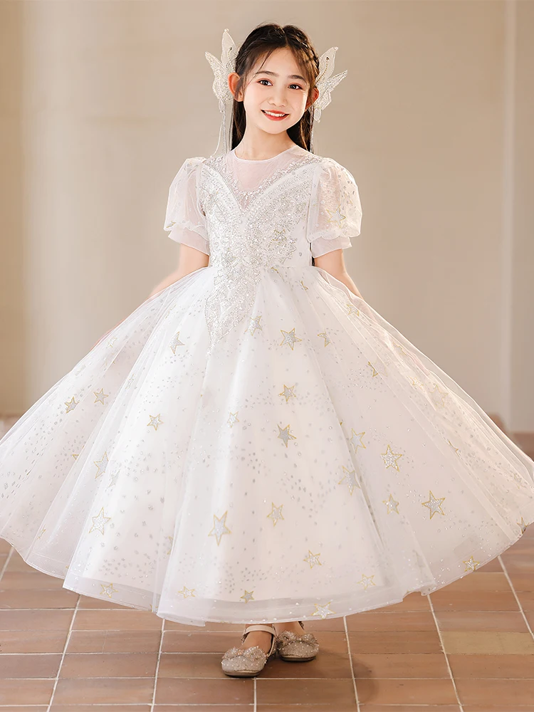 

3-15T Teen Girls Fluffy Mesh Dresses for Wedding Flower Elegant Party Princess Prom Gown Children Pageant Tailling Long Dress