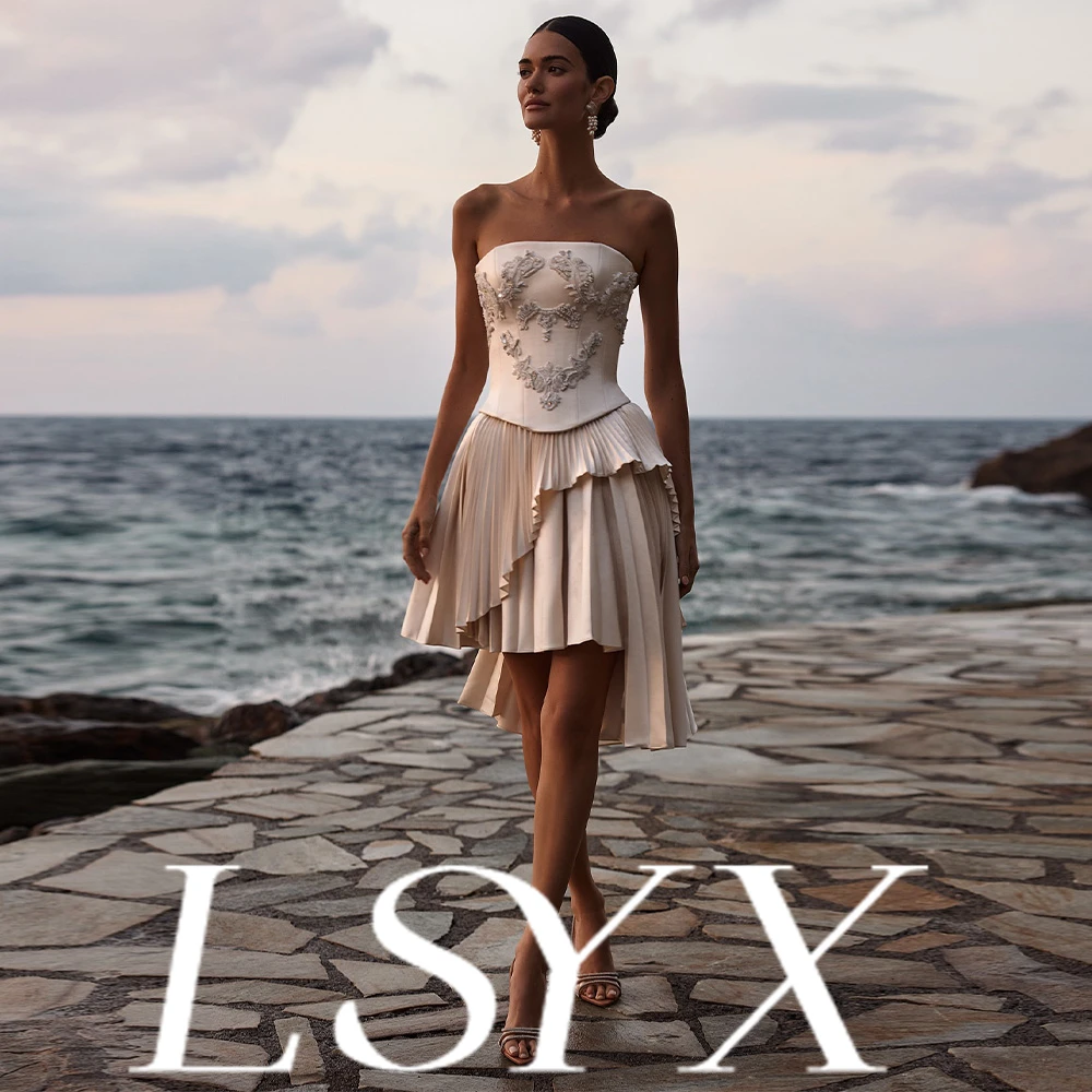 LSYX Customized Strapless Corset Short Dress with Embroidery Irregular Pleated Skirt Bridal Attire Elegant Chic Evening Wear