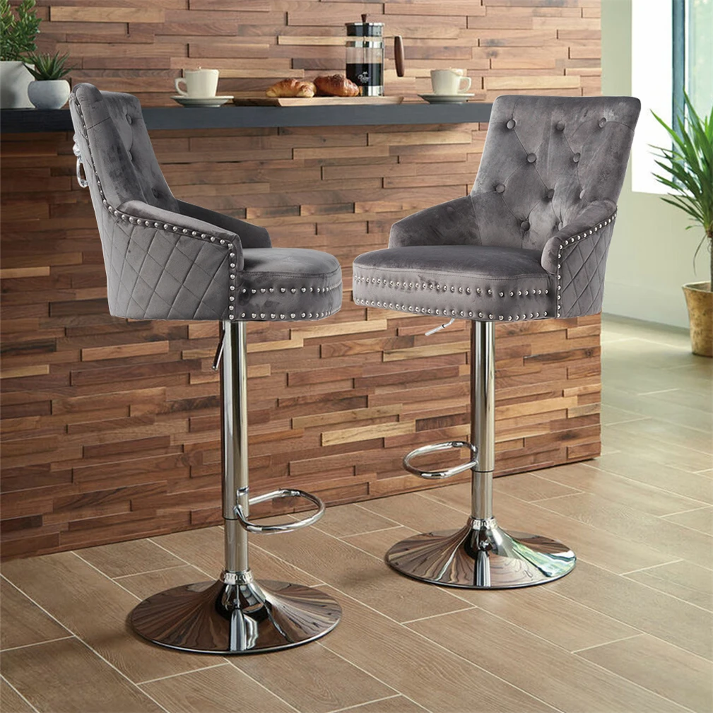 Chrome Adjustable Counter Velvet Bar Stools Lion Knocker with Stable Base High Back Dining Chair Grey/Black