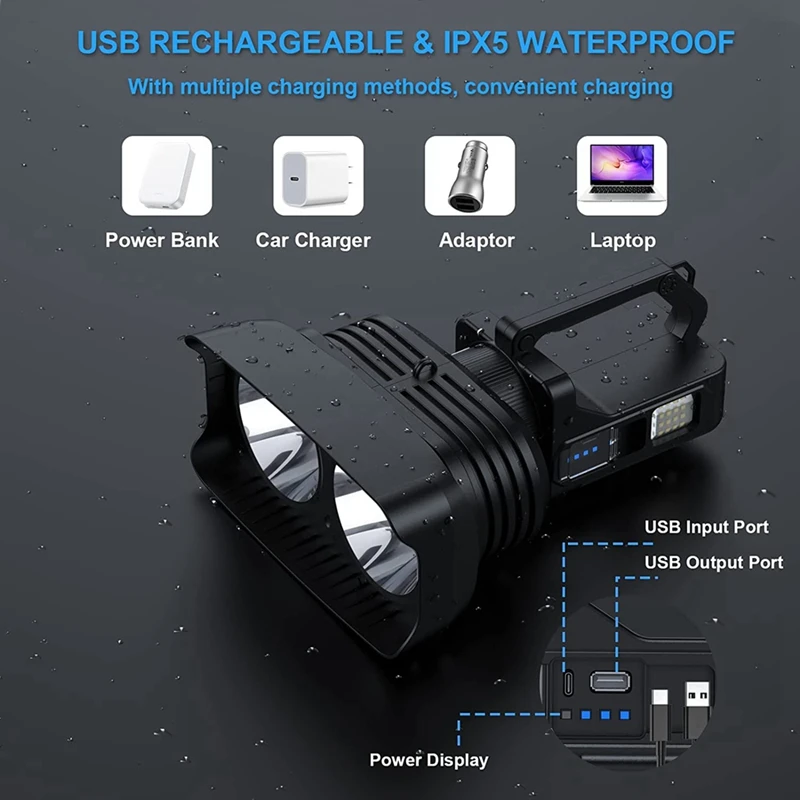 Rechargeable Spotlight, 100000 Lumens Handheld Hunting Flashlight LED Spot Light With Cob Light And Tripod, Lightweight