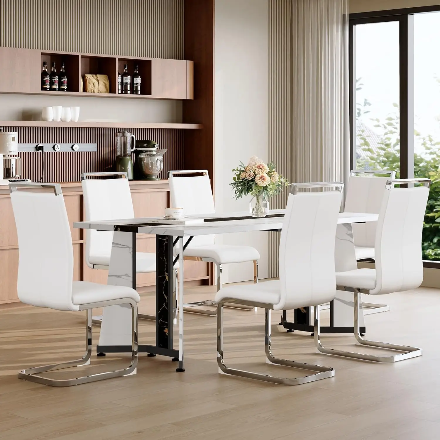 

Обеденный стол на 6 персон, белый мрамор, 71 дюйм, с просторным пространством для ног и обивкой из белой кожи, на заказ