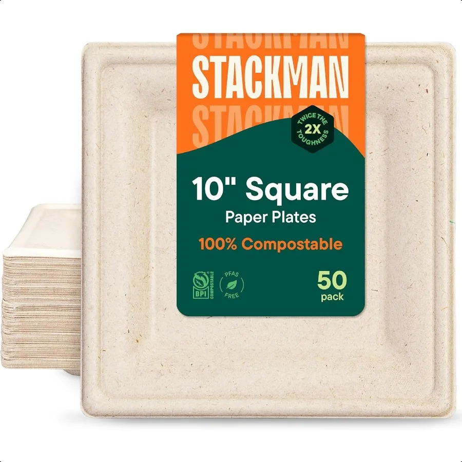 

100 Compostable Square Paper Plates [50Pack] PFASFree BPI Certified [10 Inch] Heavy Duty EcoFriendly Biodegradable Bagasse Dinn