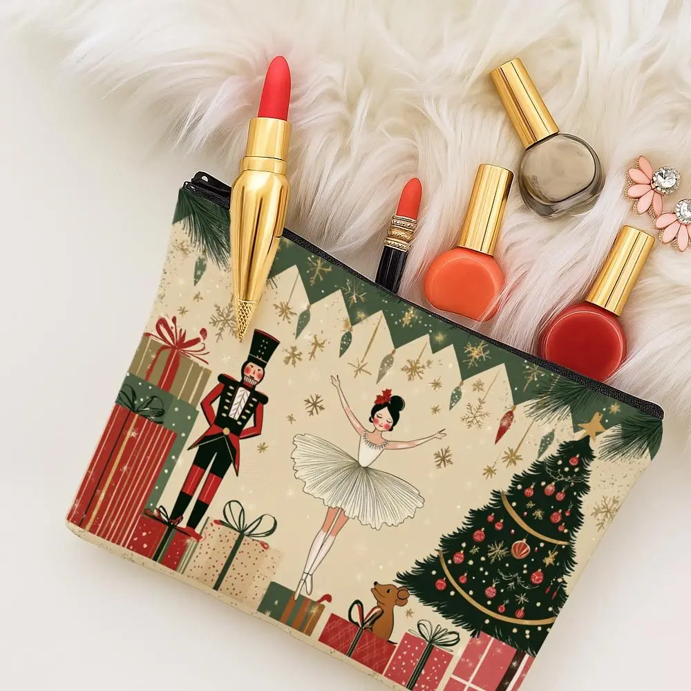 1pc Christmas Nutcracker and Christmas Tree Makeup Bag Lightweight Travel for Women Zipper Closure Portable Toiletry Bag
