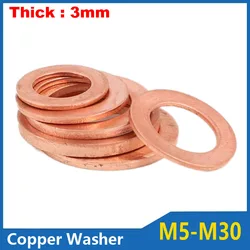 Thick 3mm Solid Copper Washer Shim Flat Ring Gasket Rings Seal Plain Washers M5-M30 Sealing Flat Seal Gasket for Oil Sump Plug