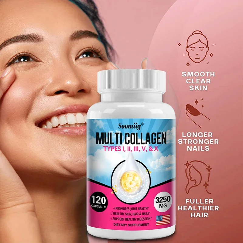 Multi-Collagen TYPES I, II, III, V, & X, Hyaluronic Acid, Vitamin C & Biotin Marine Collagen Capsules - Skin Nails Hair Joints