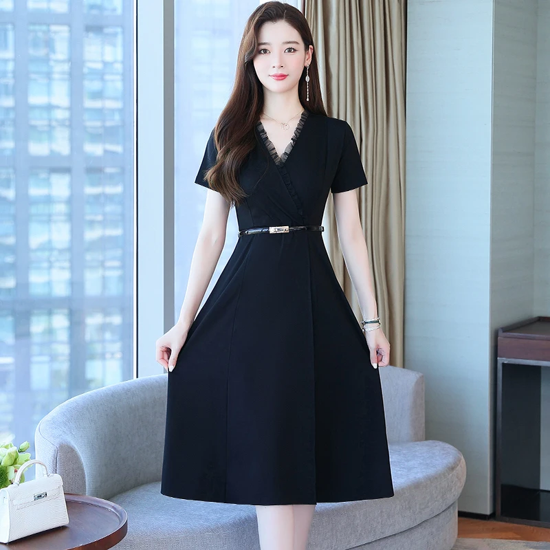 2024 coreano Vintage Casual Party Dress estate elegante aderente Sexy Solid Dress donna nero Hepburn scollo a v Office Lady Midi Dress