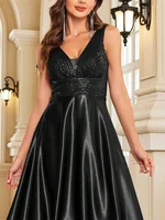 Elegant Sequins Evening Dress For Women 2024 Deep V-neck Satin Prom Party Green Dress Floor Length Blue Formal Gowns - Image 6
