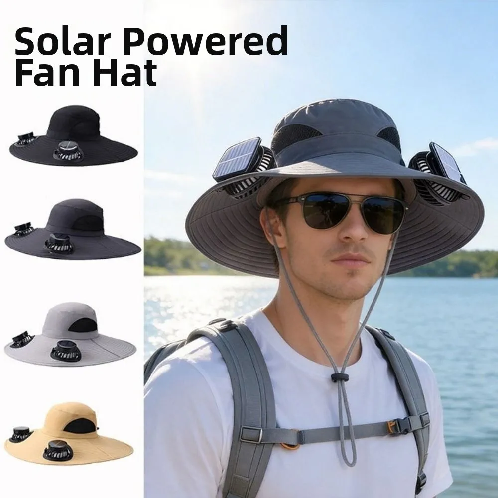 Chapéu Solar com Ventilador Duplo, Respirável, 3 Velocidades, Aba Larga, Proteção UV, Leve, Boné de Verão com Ventilador, Viseira para Praia