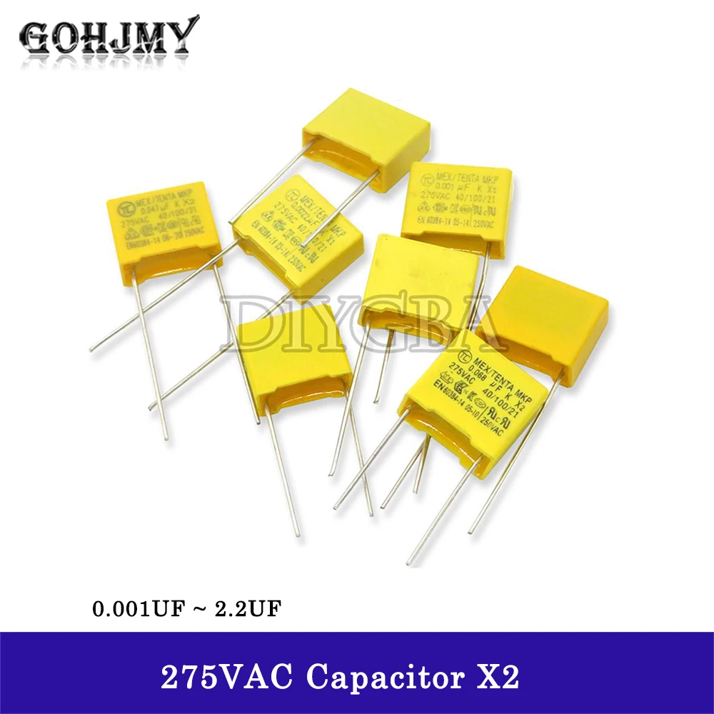 10ชิ้นตัวเก็บประจุความปลอดภัยใน X2 275VAC 10มม. ~ 22.5มม. 0.022uF 0.047uF 0.1uF 0.15uF 0.22uF 0.33UF 0.47uF 0.68uF 1uF