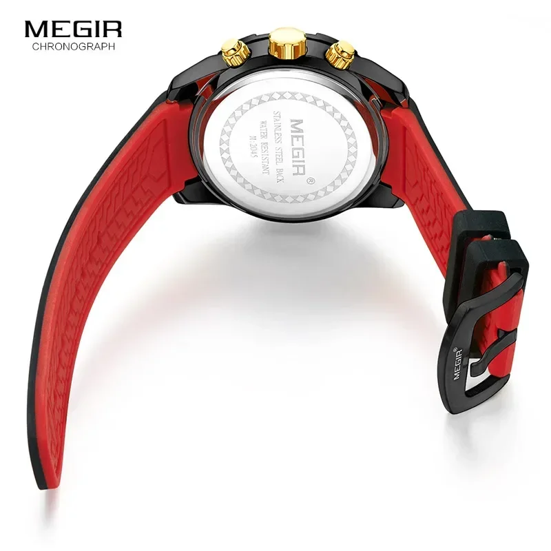 Megir Heren Sport Chronograaf Quartz Horloges Waterdicht Siliconen Leger Racing Lichtgevende Klok Relojios Masculinos 2045-1N3