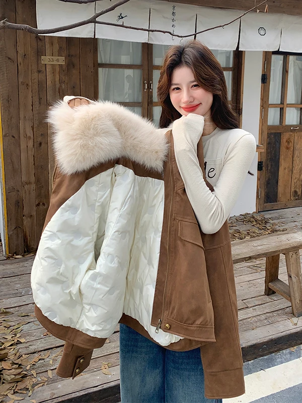 여성용 오르트 파카 슬레 다운 자켓 화이트 듀 페더 라지 퍼 칼라 따뜻한 패셔너블 겨울 아우터웨어 2025 신상품