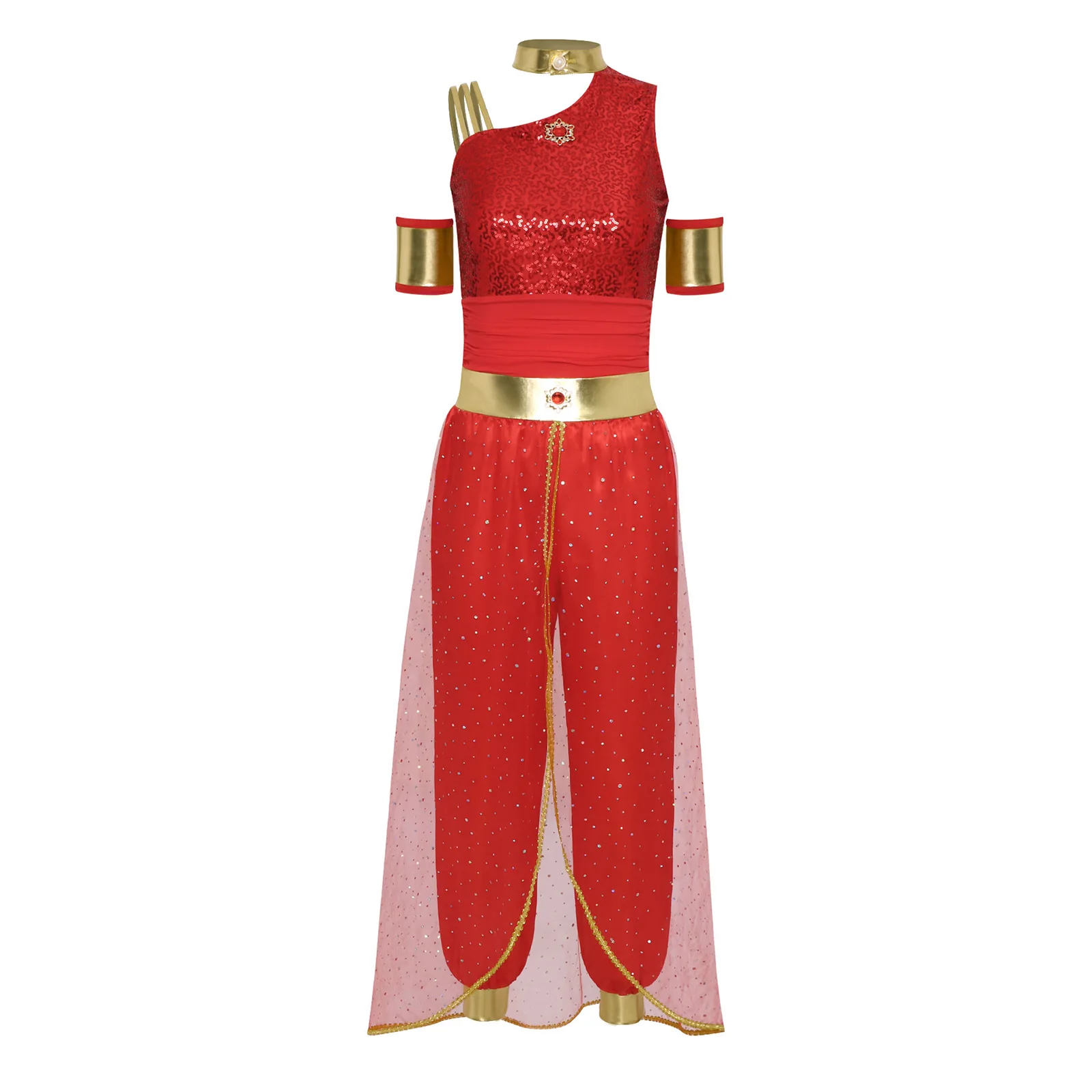 

Womens Arab Princess Cosplay Belly Dance Costume Gem Decor Contrast Color Shiny Tulle Jumpsuit with Sleeves for Halloween Party