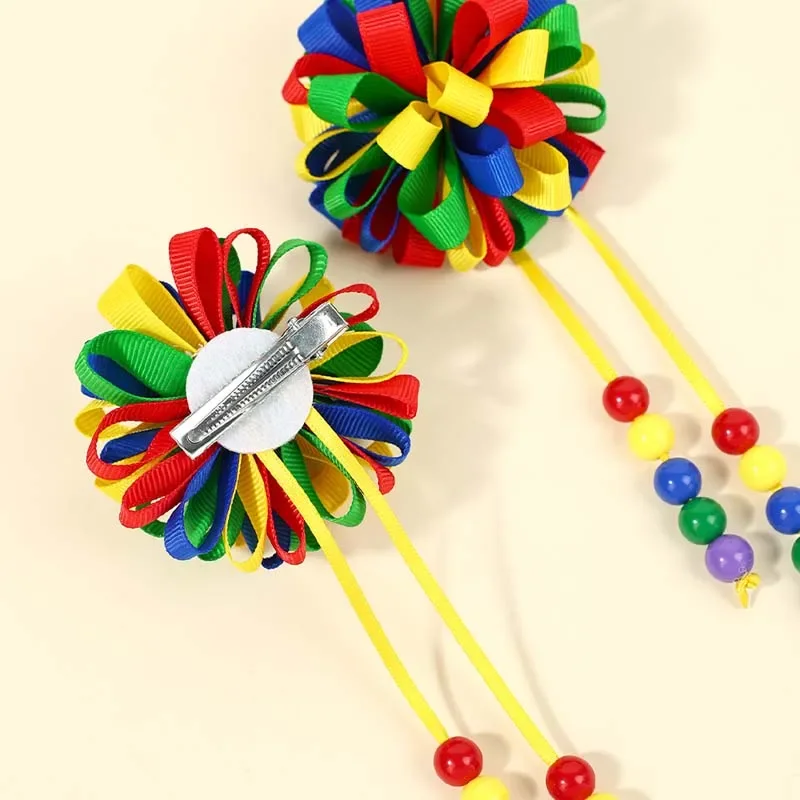 Oaoleer 2Pcs Ribbon Flowers Hair Clips Sweet Girl Tassel Pendant Hairpin Kids Headwear Barrettes Back To School Hair Accessories