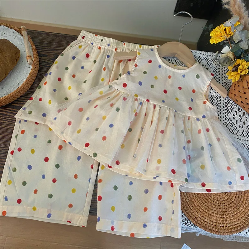 Children\'s Clothing Sets Color Polka Dot Sleeveless Top + Wide Leg Pants 2pcs Toddler Girl Clothes Kids Boutique Clothes