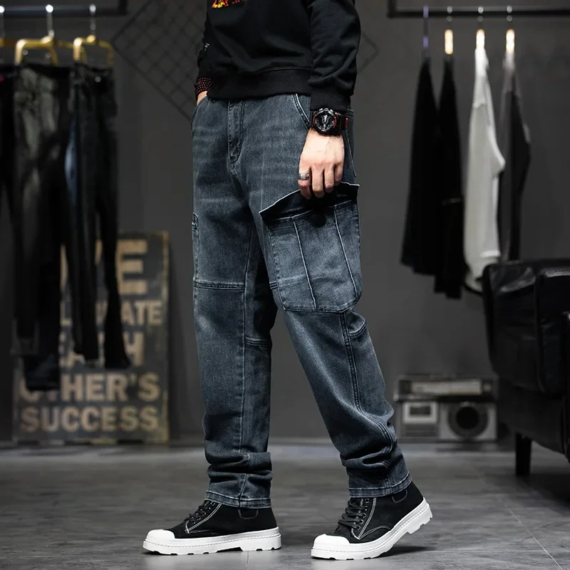 

Idopy Men`s Cargo Jeans Fashion Multi Pockets Work Blue Loose Fit Denim Pants For Male Plus Size