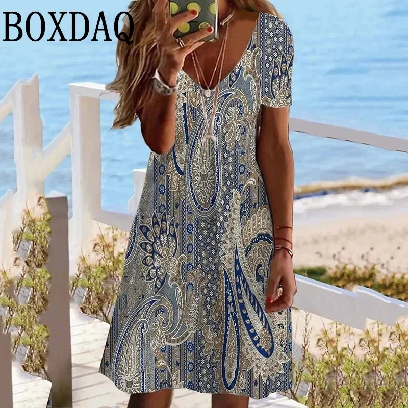 Retro V-ausschnitt Floral 3D Print Kleider Frauen Vintage Kurzarm Sommer A-Line Elegante Party Kleid Damen Casual Lose Boho Kleid