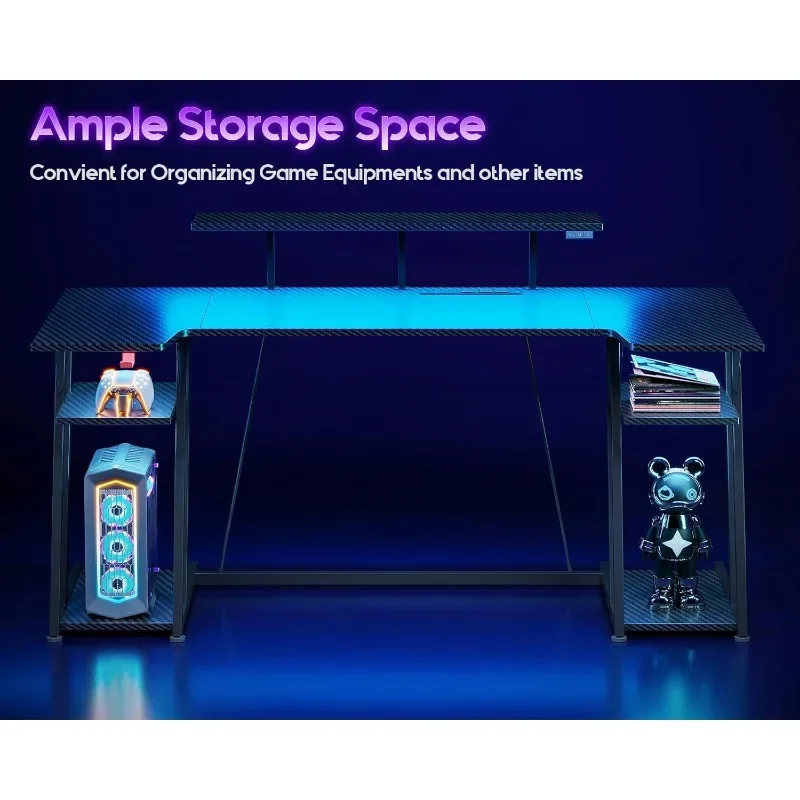 LED Light, 60-inch U-shaped Desk with Power Outlet, Storage Rack, Monitor Stand and Headphone Hook, Black