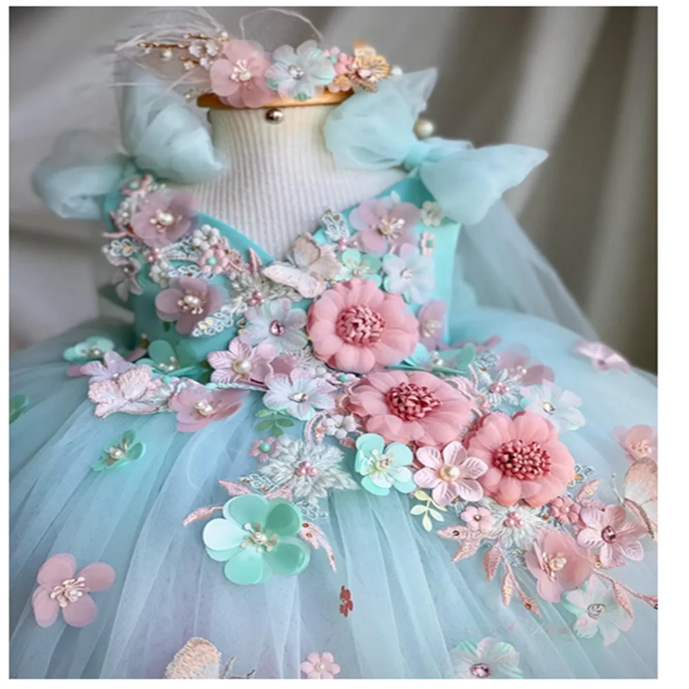 Flower Girl Dresses Cute Light Blue For Wedding Kids Butterfly Bow Party Girls Pageant Dresses Appliqued Birthday Photoshoot