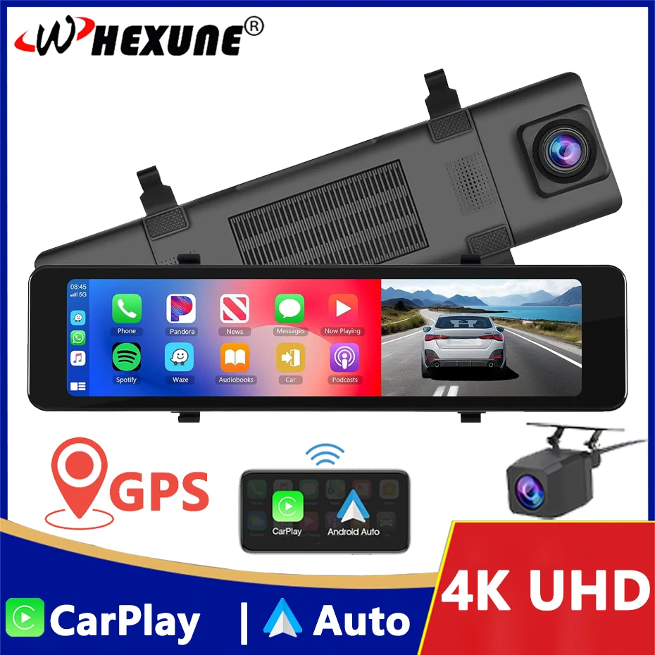 

4K UHD Dual Lens Dash Cam GPS Night Vision Supports Wireless Apple Carplay and Android Auto Voice Control Rearview Mirror Camera