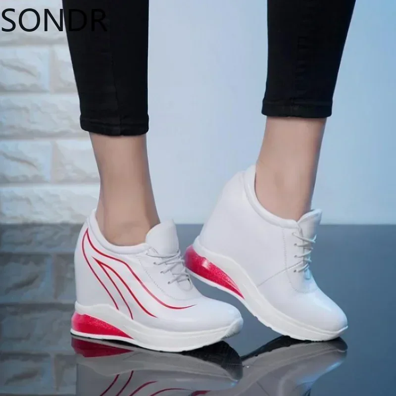 

Women Black White Real Cow Leather Fashion Sneaker High Wedge Hidden Heel Casual Sport Shoes Korean Styles Mixed Colors