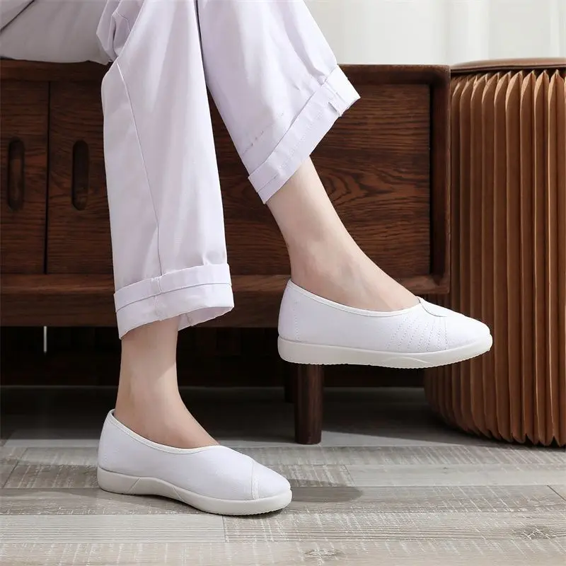 柔らかい布製ワークシューズ レディース ホワイト フラットソ - Women'S Shoes For Standing All Day のレビューと価格