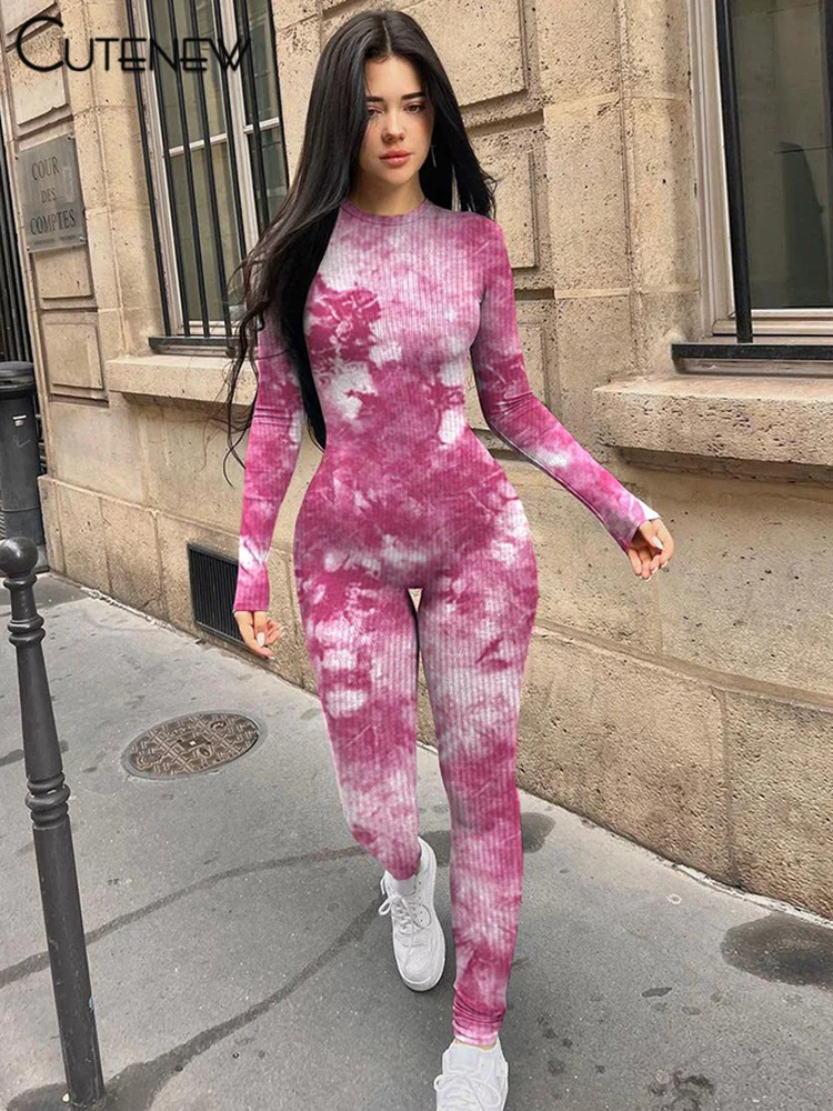 Cutenew Tie Dye Basic Jumpsuits Women Fashion Attractive Autumn Full Sleeve O-neck Body-shaping Overall Mujer Classic Streetwear