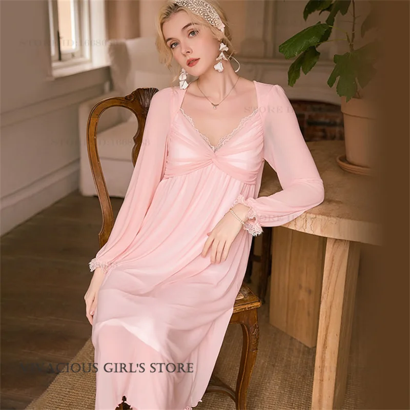 Kobiety długa koszula nocna bielizna nocna wiosna lato francuski seksowna wróżka styl pałacowy koszula nocna swobodna siateczka ubrania domowe Lounge Wear