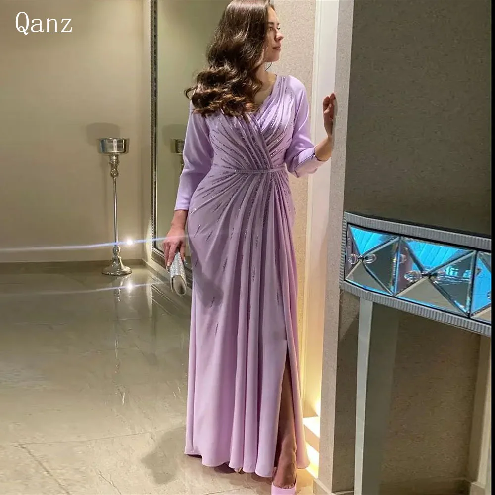 Qanz Glitter Lilac Evening Dresses Saudi Arabia Long Sleeveless Beads Formal Occasion Dresses Mermaid Prom Dress Customized